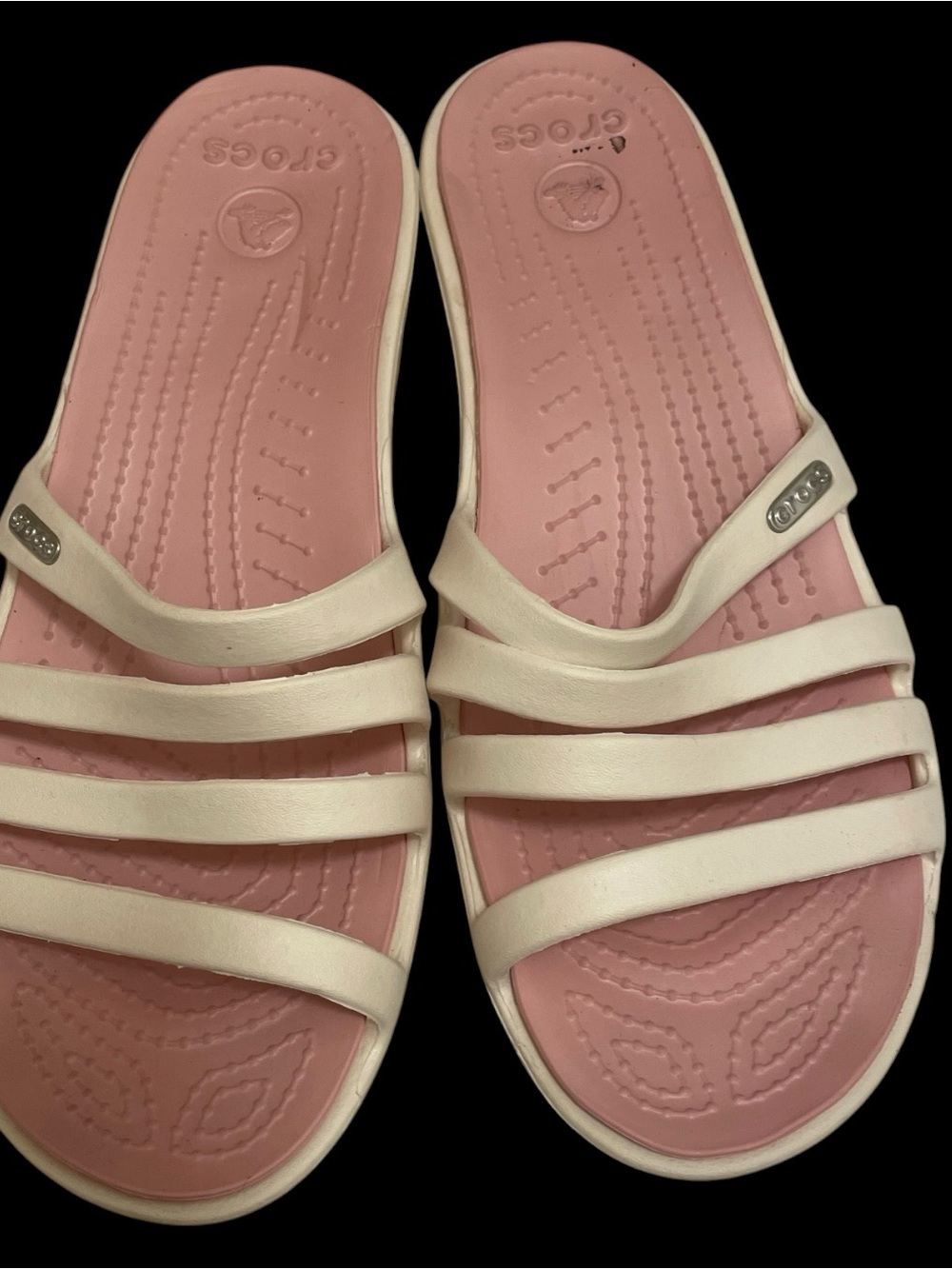 CROCS Women's Swiftwater Sandals. Pink Footbed Cream Triple-Strap Slide Sandals